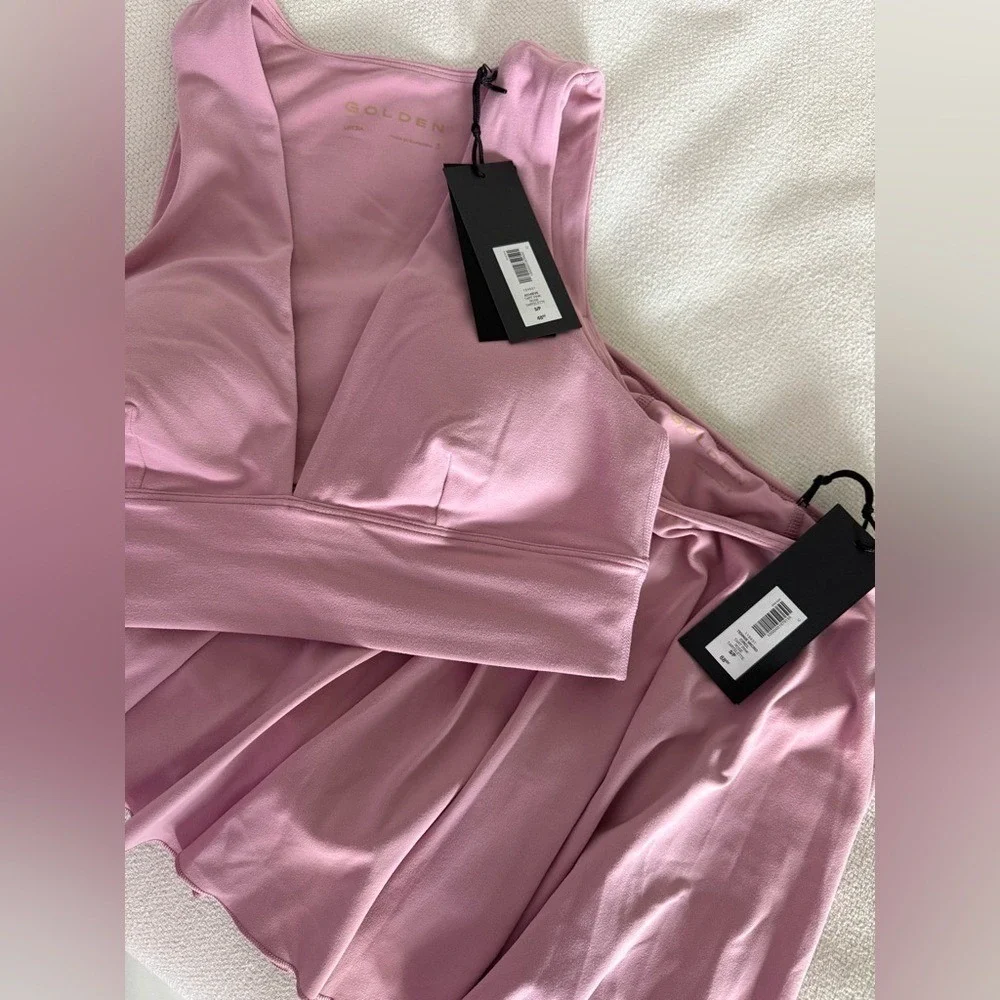 Aritzia Golden Butter‎ Baseline Micro Skirt & Plunge Bra Top Pink Set Size S NWT